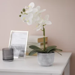 25cm White Orchid Artificial Plant In Grey Ceramic Pot -Outdoor Garden Shop 25cm white orchid artificial plant in grey ceramic pot5010795682669 01i