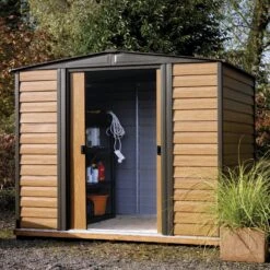 Arrow Woodvale 8x6 Apex Coffee Metal Shed -Outdoor Garden Shop arrow woodvale 8x6 apex coffee metal shed5013856015215 01i