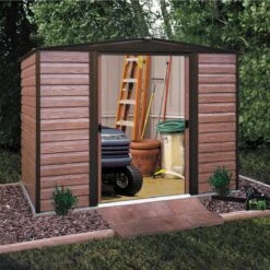 Arrow Woodvale 8x6 Apex Coffee Metal Shed -Outdoor Garden Shop arrow woodvale 8x6 apex coffee metal shed5013856015215 02i