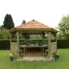 Forest Garden Furnished Cedar Roof Hexagonal Gazebo, (W)4900mm (D)4240mm (Green Cushion Included) -Outdoor Garden Shop forest garden furnished cedar roof hexagonal gazebo w 4900mm d 4240mm green cushion included 5013053172612 01i