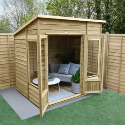 Forest Garden Oakley 7x5 Pent Overlap Solid Wood Summer House With Double Door -Outdoor Garden Shop forest garden oakley 7x5 pent overlap solid wood summer house with double door5013053188507 03i bq