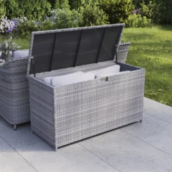 GoodHome Hamilton Steeple Grey Rattan Effect Storage Box (W) 180cm X (D) 65cm -Outdoor Garden Shop goodhome hamilton steeple grey rattan effect storage box w 180cm x d 65cm5059340677415 02i