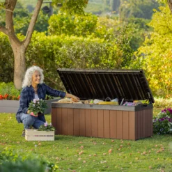 Keter Darwin Wood Effect 5x2 Garden Storage Bench Box 380L -Outdoor Garden Shop keter darwin wood effect 5x2 garden storage bench box 380l7290112636225 01i bq