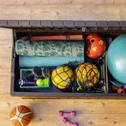 Keter Darwin Wood Effect 5x2 Garden Storage Bench Box 570L -Outdoor Garden Shop keter darwin wood effect 5x2 garden storage bench box 570l7290112636263 04i bq