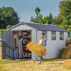 Keter Oakland 7515 Tongue & Groove Grey Plastic 2 Door 6 Windows Shed (Base Included) -Outdoor Garden Shop keter oakland 7515 tongue groove grey plastic 2 door 6 windows shed base included 7290112635020 02i BQ