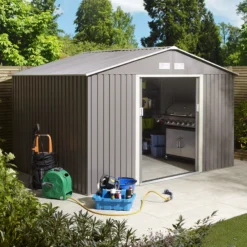 Rowlinson Trentvale 10x8 Apex Light Grey Metal Shed -Outdoor Garden Shop rowlinson trentvale 10x8 apex light grey metal shed5013856206231 01i bq