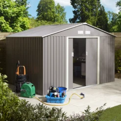 Rowlinson Trentvale 10x8 Apex Light Grey Metal Shed -Outdoor Garden Shop rowlinson trentvale 10x8 apex light grey metal shed5013856206231 03i bq