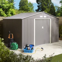 Rowlinson Trentvale 10x8 Apex Light Grey Metal Shed -Outdoor Garden Shop rowlinson trentvale 10x8 apex light grey metal shed5013856206231 04i bq